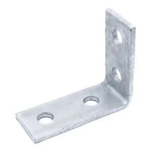 Heavy-duty galvanized steel right-angle bracket with four pre-drilled holes for secure mounting. Dimensions: 86mm x 102mm
